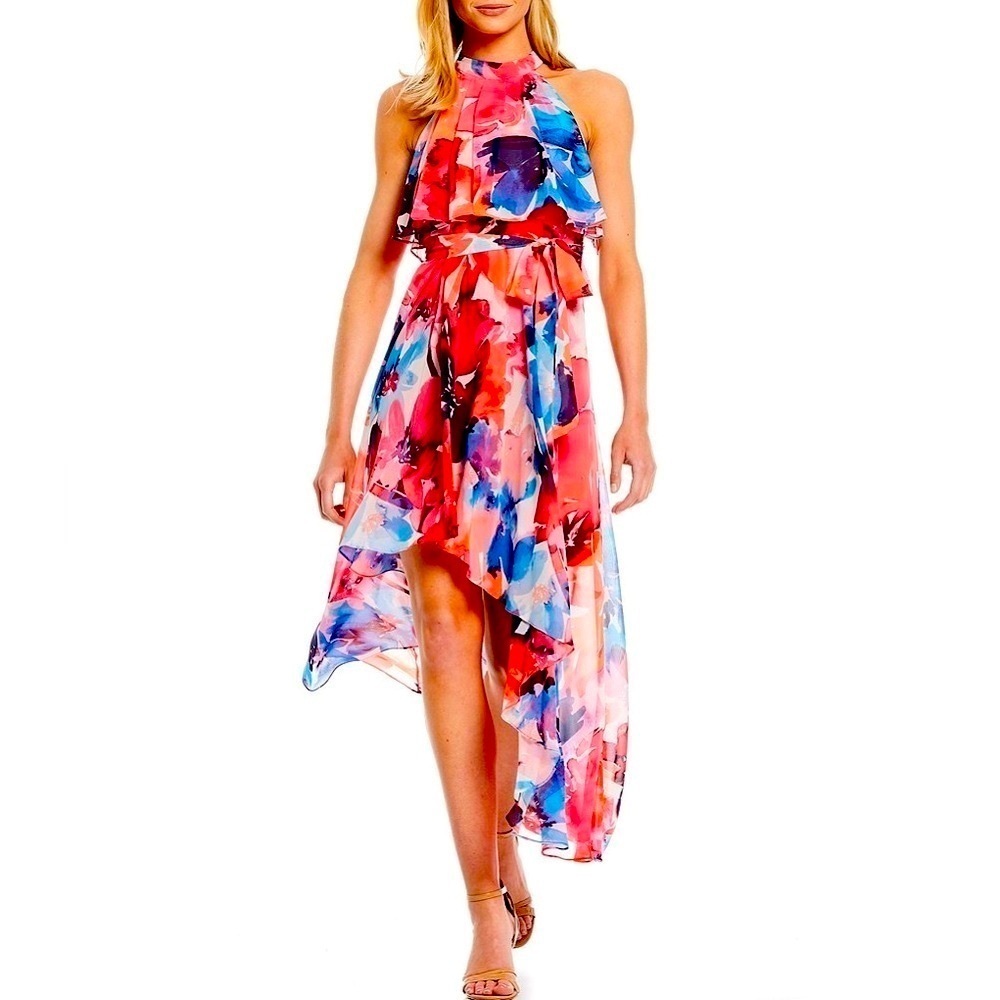 Eliza J Stunning Halter Neck Sleeveless Floral Print‎ Chiffon High Low Dress